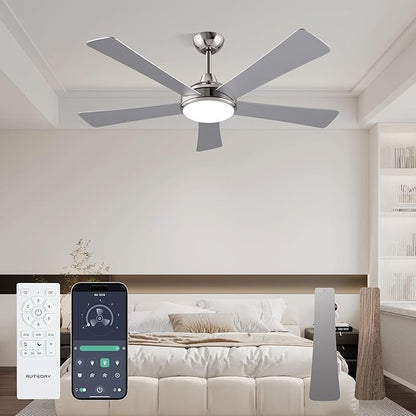 52 Inch Ceiling Fans with Lights and Remote/App Control - Nickel Ceiling Fan with Light, Quiet Reversible DC Motor, Dimmable Tri-Color LED, Modern Ceiling Fan for Bedroom/Patio, Indoor/Outdoor