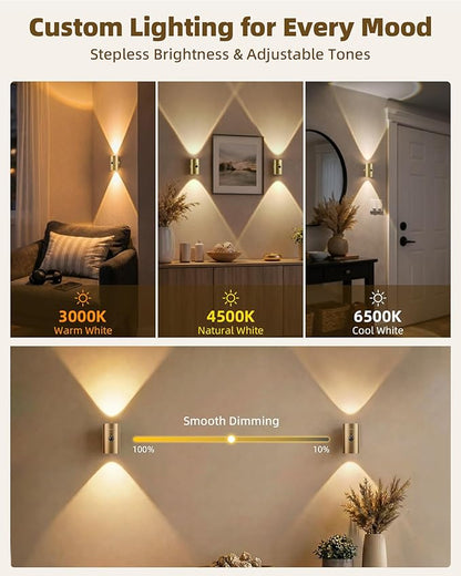 EZVALO Motion Sensor Wall Sconces with Remote, Rechargeable Battery Operated 4000mAh Wall Lights, 3 Color Temperatures & 12 RGB, Wireless LED Lighting for Hallway, Living Room (Brass Gold, 2 Pack)