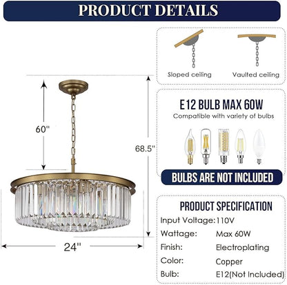 Crystal Chandelier Pendant Ceiling Lights Gold Chandeliers Lighting Fixture for Dining Living Room Foyer Hallway 8-Lights (Dia 24 Inch)