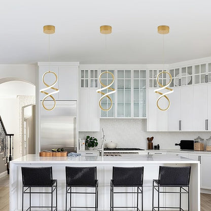 MAYNA Spiral Kitchen Island Pendant Lights, 4000K Modern Led Chandelier Light Fixture, 18W Adjustable Hanging Light Fixtures for Kitchen Island Dinning Room, 3 Pack (Gold)