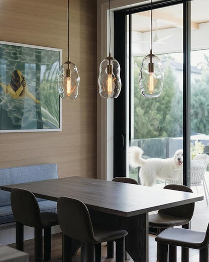 CASAMOTION Modern Pendant Lights Kitchen Island Large Gold Hanging Light Fixtures for Dining Table Blown Art Glass Clear Organic Globe Bedroom Foyer Entryway Hallway Lamp 12 Inch 1 Pack