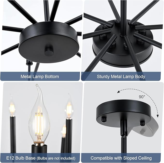 WOKNOS Modern Black Farmhouse Chandeliers, 8-Light Industrial Metal Chandelier Lighting, Classic Candle Hanging Pendant Light Fixtures for Kitchen Bedroom, Dining Room, Living Room,Foyer