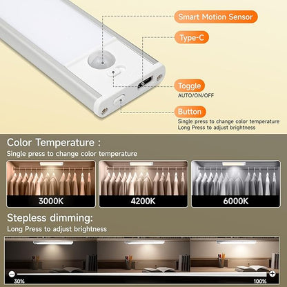 8 inch Under Cabinet Lighting, 1100mAh Rechargeable Motion Sensor Light with 3 Color Temps, Dimmable USB-C Closet Light, Magnetic LED Under Counter Lights for Kitchen, Closet, Pantry