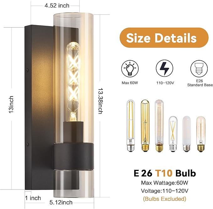 Black Wall Sconces Set of 2, Modern Bathroom Sconces Wall Lighting Vanity Light Fixtures with Clear Glass, Bathroom Sconces Set of 2, Indoor Wall Sconce for Bathroom Living Room Bedroom