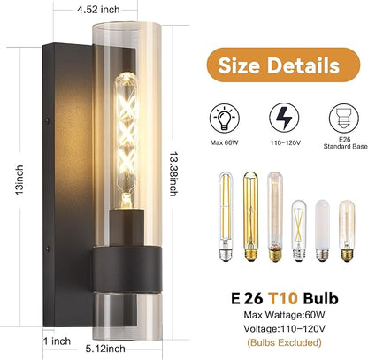 Black Wall Sconces Set of 2, Modern Bathroom Sconces Wall Lighting Vanity Light Fixtures with Clear Glass, Bathroom Sconces Set of 2, Indoor Wall Sconce for Bathroom Living Room Bedroom