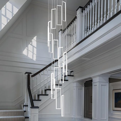 Modern Adjustable Height Pendant Light Fixture White 288W LED Pendant Lights 16 Rings Rectangular Chandelier Staircase Large Chandelier Lobby Living Room Foyer High Ceiling Chandeliers