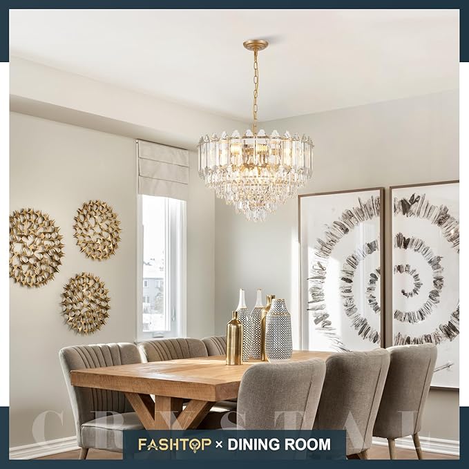Gold Crystal Chandelier 24" 12 Lights K9 Crystal Modern Chandelier 6-Tier Luxury Pendant Lighting for Living Room Dining Room Bedroom Foyer Entryway, E12