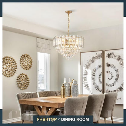 Gold Crystal Chandelier 24" 12 Lights K9 Crystal Modern Chandelier 6-Tier Luxury Pendant Lighting for Living Room Dining Room Bedroom Foyer Entryway, E12