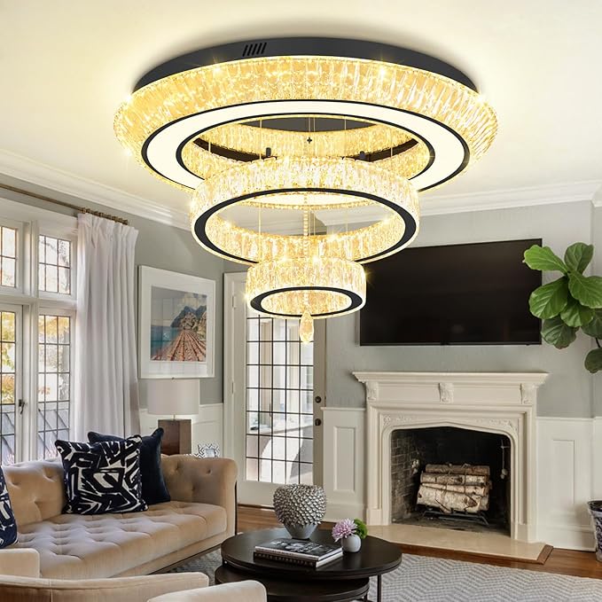 Modern 3 Ring Chandelier for Living Room Luxury 3-Tier Crystal Chandelier Dining 40in Black LED Dimmable Crystal Raindrop Chandeliers Lighting
