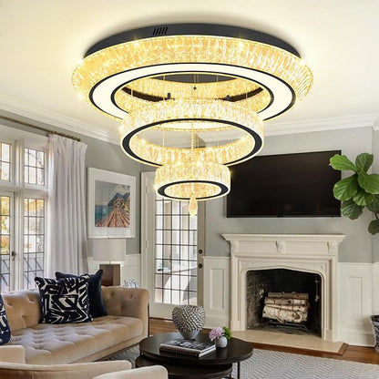 Modern 3 Ring Chandelier for Living Room Luxury 3-Tier Crystal Chandelier Dining 40in Black LED Dimmable Crystal Raindrop Chandeliers Lighting