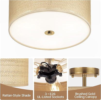 13" Boho Woven Rattan Ceiling Light Fixture, 3-Light Semi Flush Mount Modern Drum Lamp with Beige Fabric Shade, Rustic Lighting for Bedroom, Living Room, Dining Room, Hallway and Entryway