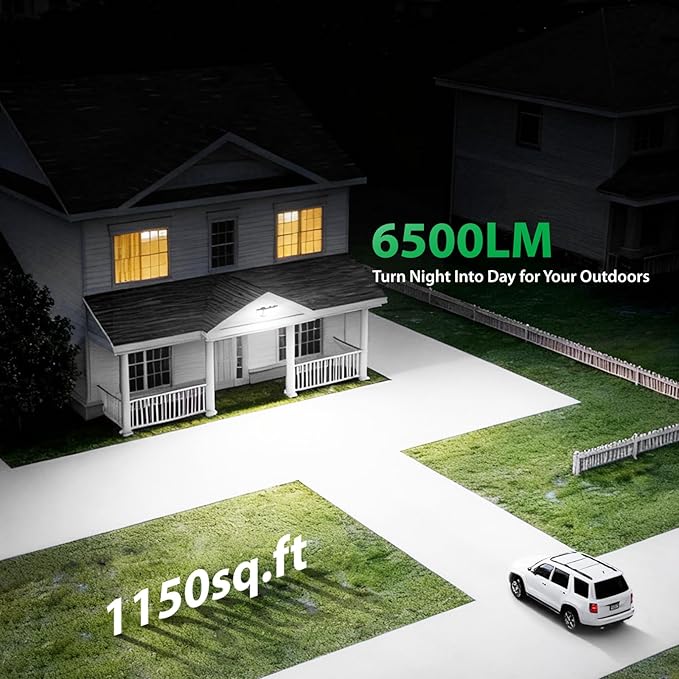 iMaihom 65W 6500LM LED Outdoor Flood Light, Switch Controlled Outdoor Security Light, 3 Adjustable Heads, IP65 Waterproof, 6500K Daylight White, Hardwired Wall Mount Light for Garage Yard Patio, Black