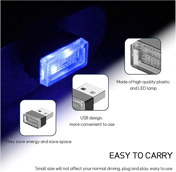 Dickno 4 PCS USB LED Car Interior Atmosphere Lamp, Portable Mini LED Night Light, Plug-in USB Interface Trunk Ambient Lighting Kit, Universal Vehicle Interior Accessories (Blue)