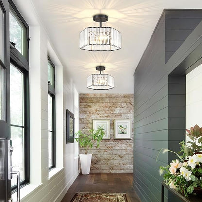 TOULMJ Modern Black Semi Flush Mount Ceiling Light, 3-Light Crystal Entryway Light Fixture Close to Ceiling Kitchen Lighting, Hallway Light Fixtures Flush Mount Chandelier for Bathroom Bedroom Foyer