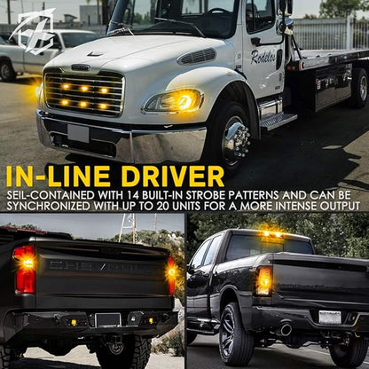 Xprite Hideaway Strobe Lights Amber LED Strobe Light Kit with 14 Flash Patterns Grill Strobe Lights for Trucks Surface Mount Headlight Taillight Emergency Warning for Work and Tow Vehicles - 1PC