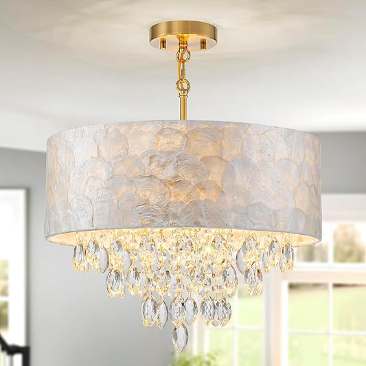 4-Light Drum Capiz Shell K9 Crystal Chandelier, Coastal Style Pendant Light Fixture for Dining Room, Living Room, D17.7 x H21~68 inch (Adjustable), Clear Crystal & Brass Finish