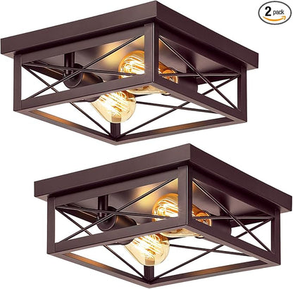 Brown Hallway Light Fixtures Ceiling, 2-Light Farmhouse Industrial Flush Mount Ceiling Lights, 2-Pack Modern Metal Kitchen Light Fixtures, Close to Ceiling Lights for Bedroom Living Room Entryway