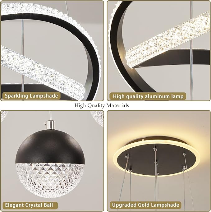 Modern Black LED Chandeliers, LED Pendant Light Dining Room Light Fixtures Over Table Dimmable with Remote Control Adjustable Modern Chandeliers for Dining Room Kitchen Island Living Room Bedroom