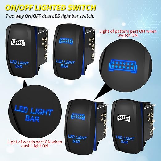Joinfworld LED Light Bar Rocker Switch and Rear Light Rocker Switch ON/Off Laser Waterproof Marine Toggle Switch 12V 5 Pin Blue LED Rocker Light Switch for Car Boat ATV UTV RZR