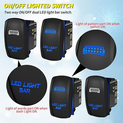 Joinfworld LED Light Bar Rocker Switch and Rear Light Rocker Switch ON/Off Laser Waterproof Marine Toggle Switch 12V 5 Pin Blue LED Rocker Light Switch for Car Boat ATV UTV RZR
