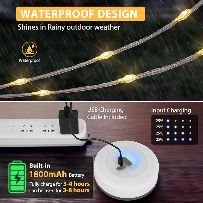 Camping String Lights, 4 in 1 Quick Storage 32.8FT Rechargeable Tent Lights with 9 Lighting Modes, Hanging Waterproof Portable LED Lamp for Outdoor Patio Awning Garden Party Camping Essentials Gear