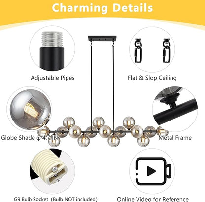 Chandelier,16-Light Black Linear Chandeliers for Dining Room Light 55inch Modern Linear Sputnik Chandelier Large Pendant Lights Kitchen Island Bubble Smoke Gray Glass Globe Kitchen Island Chandelier
