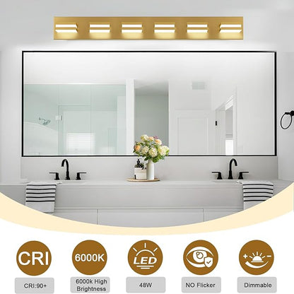 IZORRO LED Modern Bathroom Lights Fixtures(6-Light,Dimmable,360°Rotate),Brushed Glod Acrylic Wall Lighting,Vanity Lights for Bathroom Over Mirror - 6000k 36In （No Assembly Required）