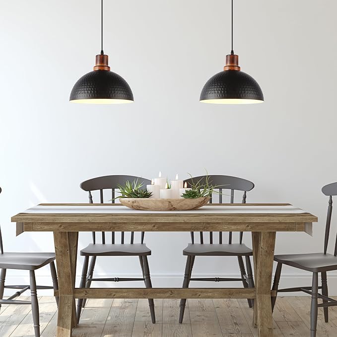 Solid Wood Pendant Lights 3 Pack, 11.8" Modern Matte Black Dome Hammered Metal Hanging Ceiling Light Fixtures Industrial Lighting for Kitchen Island Dining Living Room Restaurant Farmhouse
