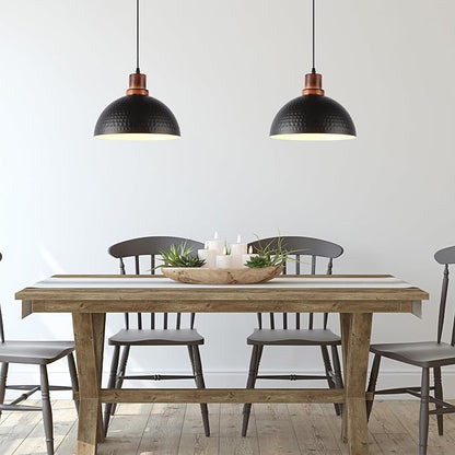 Solid Wood Pendant Lights 3 Pack, 11.8" Modern Matte Black Dome Hammered Metal Hanging Ceiling Light Fixtures Industrial Lighting for Kitchen Island Dining Living Room Restaurant Farmhouse