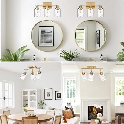 3-Light Gold Tracking Lights, Multi-Directional Rotating Ceiling Tracking Lighting Fixture with Clear Glass, Modern Bathroom Ceiling Vanity Lights Track Lighting Kits for Kitchen Accent Shop