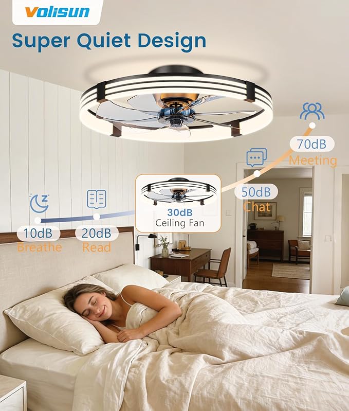 VOLISUN Low Profile Ceiling Fans with Lights and Remote, 24in Flush Mount Ceiling Fan with Light, 3000K-6500K Dimmable Fandelier LED Fan Light, Black Bladeless Ceiling Fans with Lights for Bedroom
