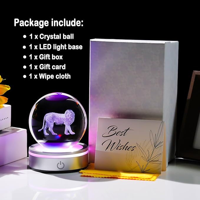 Crystal 3D Lion 3.15in Ball Figurine Gifts for Him Husband, Collectible Glass Animal Art Sphere for Room with LED Light Base, Keepsake for Lion Lovers Home Decor Paperweight