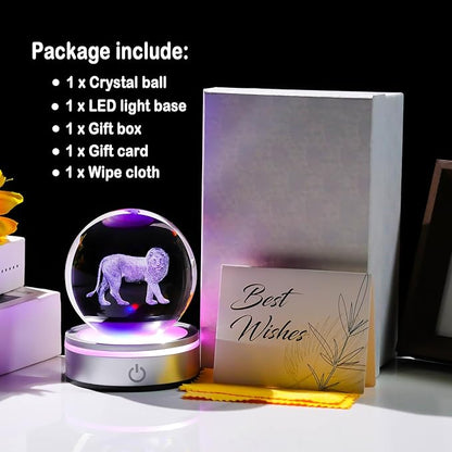 Crystal 3D Lion 3.15in Ball Figurine Gifts for Him Husband, Collectible Glass Animal Art Sphere for Room with LED Light Base, Keepsake for Lion Lovers Home Decor Paperweight