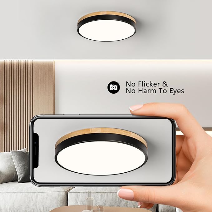 Modern Wood Black Flush Mount Ceiling Light, 11.81" Round LED Low Profile Close to Ceiling Fixture for Kitchen Bedroom Bathroom Laundry Hallway Entryway Closet Living Room