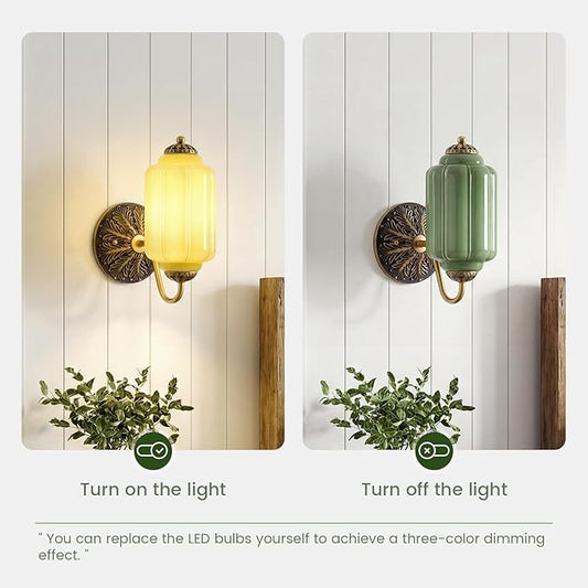 Vintage Milk Green Glass Wall Sconce - Milk Glass Shade Antique Brass Indoor Wall Light for Bedroom, Living Room, and Hallway