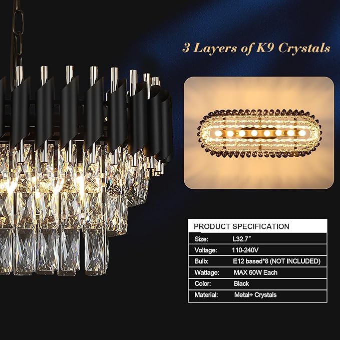 A AXILIXI Modern Rectangular Chandelier Black and Gold Crystal Chandeliers for Dining Room Linear Ceiling Pendant Light Long 32” Luxury Oval Chandelier 8 Lights for Kitchen Island Living Room
