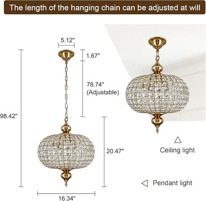 Gold Crystal Chandelier, 16.5" Modern 4-Light Round Crystal Pendant Light Antique Globe Foyer Chandelier for Dining Room Living Room