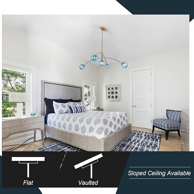 Gold Modern Chandelier 5 Light Blue Glass Sputnik Chandelier Mid Century Globe Hanging Light for Dining Room Kitchen Island Bedroom Living Room 41.3IN Diameter