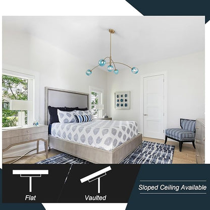 Gold Modern Chandelier 5 Light Blue Glass Sputnik Chandelier Mid Century Globe Hanging Light for Dining Room Kitchen Island Bedroom Living Room 41.3IN Diameter