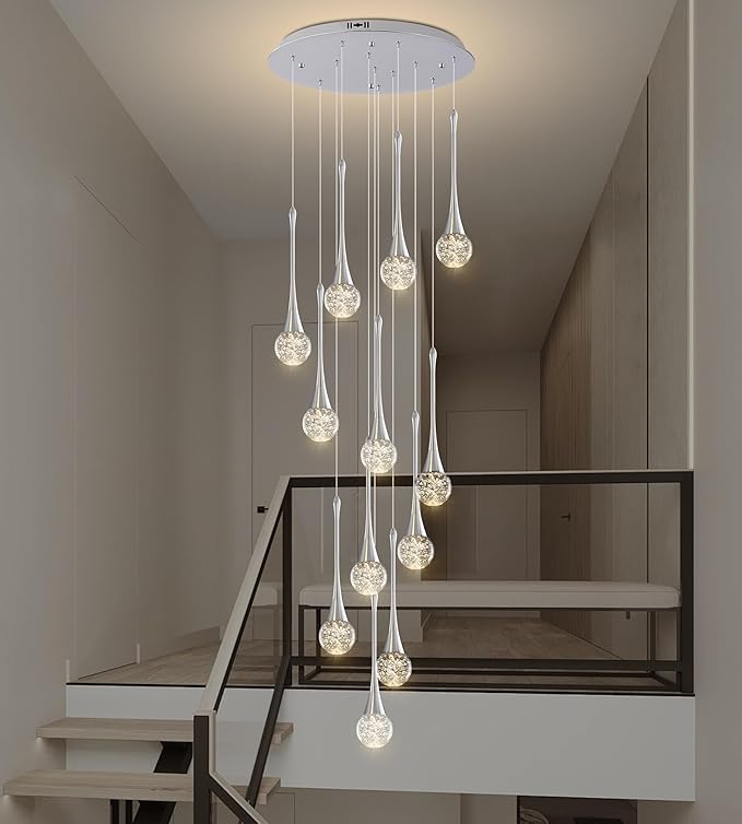 Modern Chrome Crystal Chandelier for High Ceiling 12-Lights, 120 Inches Luxury Spiral Dimmable LED Bubble Raindrop Pendant Lighting Fixture for Staircase Foyer Entryway Living Room