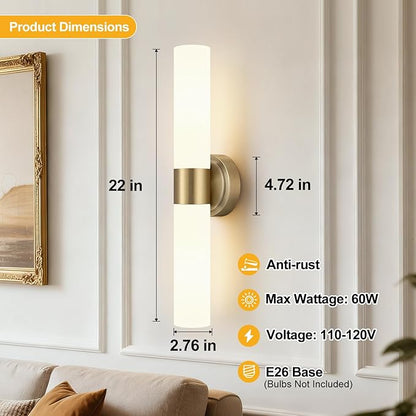Wall Sconces Set of Two, Modern Bathroom Sconces Wall Lighting with & Milky White Glass, Brass Sconces Wall Decor Set of 2 for Bathroom Mirror Bedroom Living Room Hallway