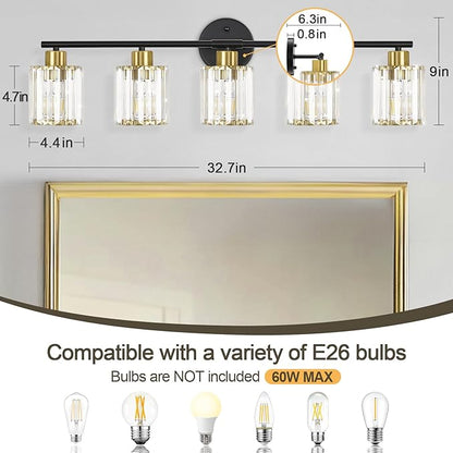 Crystal Bathroom Light Fixtures, Bathroom Lighting Fixtures Over Mirror, Modern Black Gold 5-Light Vanity Lights for Mirror,Restroom, Bedroom (Ceramic E26 Socket,Bulbs Not Include)