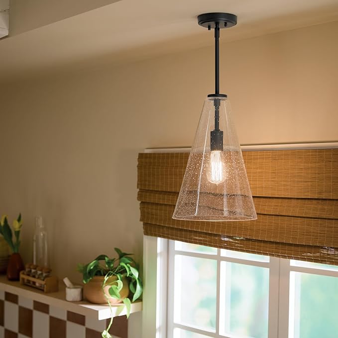 Kichler Everly 1-Light Bell Pendant Light Fixture with Clear Seeded Glass in Black for Kitchen Island, Dining Nook, or Home Bar, Modern Hanging Lamp (13.75" x 7"), 2456BKCS