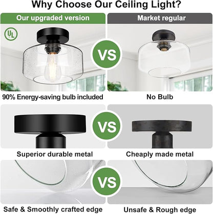 Industrial Semi Flush Mount Ceiling Light, 800 Lumen LED Bulb Included, Seeded Glass Shade Farmhouse Light Fixture for Hallway Corridor Kitchen Bathroom Bedroom Passway
