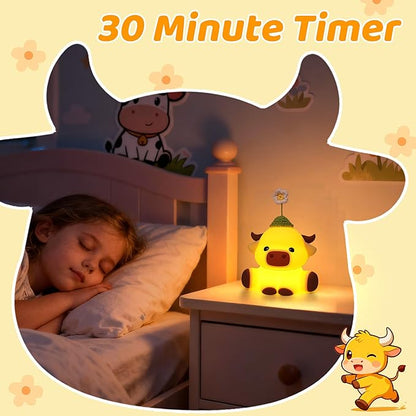 Attivolife Highland Cow Night Light for Kids, Flower Cow Cute Animal Gift Soft Silicone LED Lamp with Dimmable and Timer, Bedroom Bedside Table Decor, Birthday Christmas Gifts for Children Baby