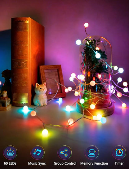 echosari Smart 4th of July Lights Plug in, 10FT 60 LED Color Changing Globe Fairy Lights RGB Built in Chip with App Remote Control, Firecracker String Lights for Indoor Bedroom Party Holiday Decor