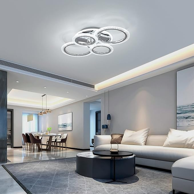Garwarm Modern Ceiling Light 58W Dimmable Flush Mount LED Ceiling Lamp 4 Rings Acrylic Ceiling Chandelier for Living Room Dining Room Bedroom,Chrome