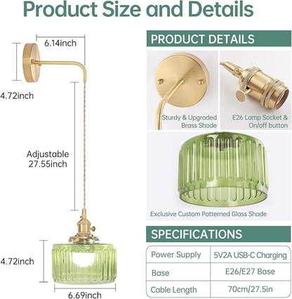 Shenmoyl Battery Operated Wall Sconce with Green Striped Shade Pattern Glass Adjustable Chain Retro Gold Wall Mounted Light, Modern Wall Lamp Fixtures Decor for Bedside Bedroom Indoor Doorway