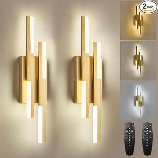 Benkut Modern LED Vanity Lights Set of 2, Gold Wall Sconce with Remote Control Dimmable Indoor Wall Light Bedside Remote Sconce for Bedroom Bathroom Living Dining Room (2 Pack H19.7’’)