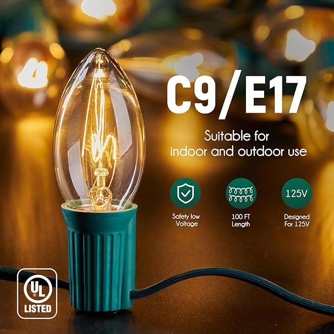 C9 Light Strand, 2 Pack 100 FT Outdoor String Lights Christmas Stringer with 100 Sockets for Christmas Decor Patio, E17 Light Socket, 12 Spacing, Green Wire